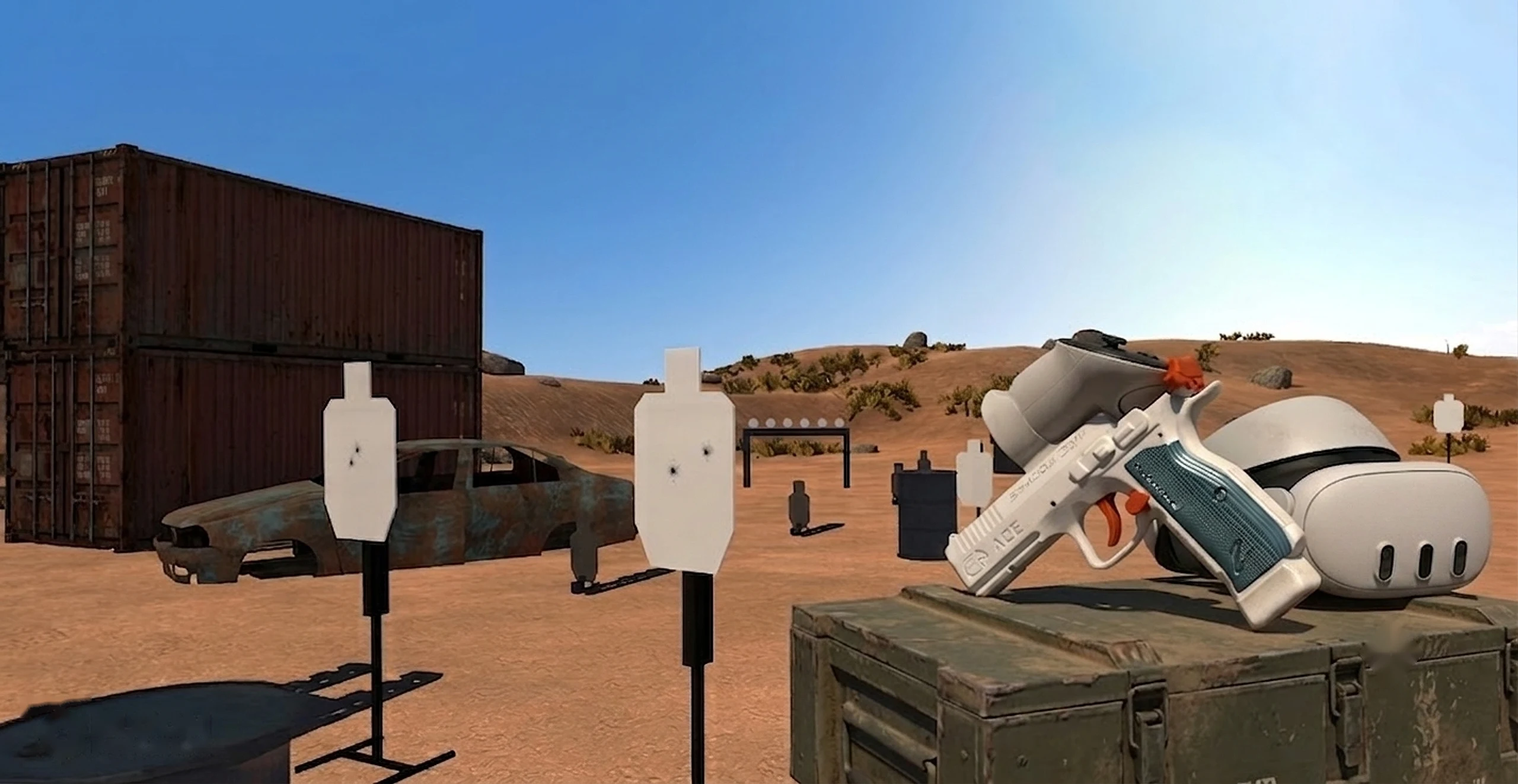 Ace VR pistol and Meta Quest headset resting on an ammo crate at a desert shooting range